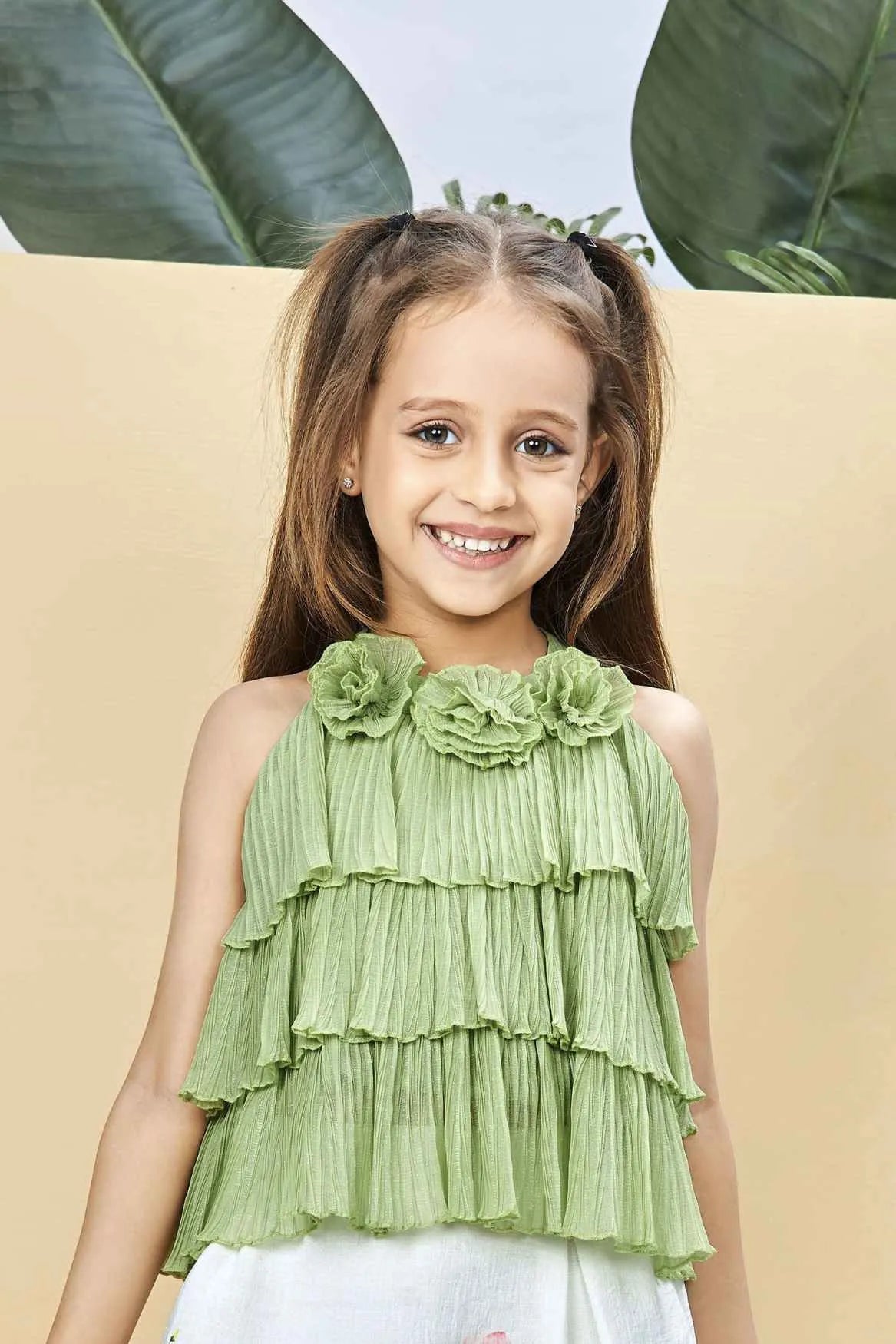 Green Tiered Top with White Floral Print Skirt Co-ord Set For Girls