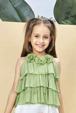 Green Tiered Top with White Floral Print Skirt Co-ord Set For Girls