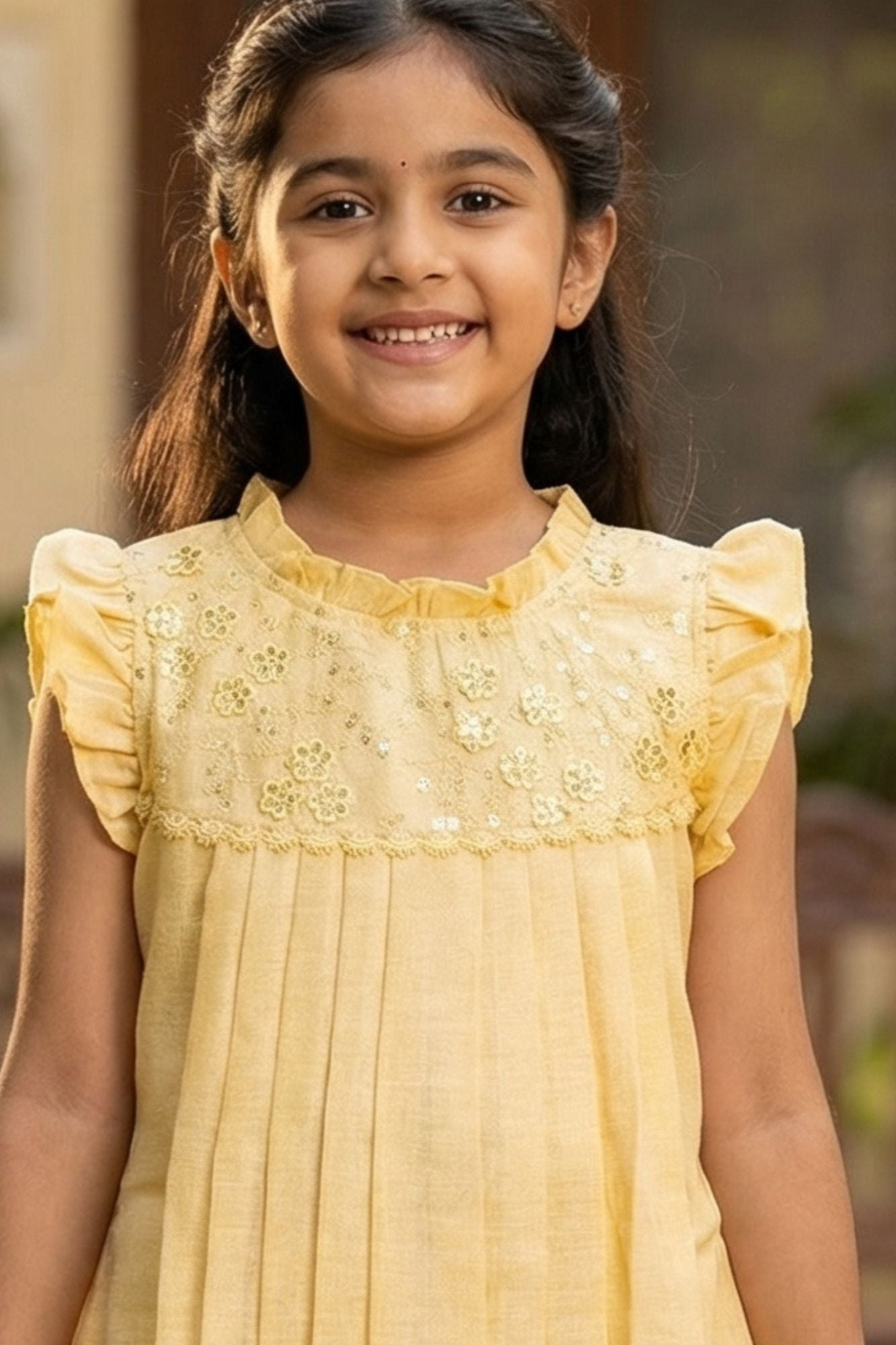 Yellow Embroidered Pleated Frock For Girls