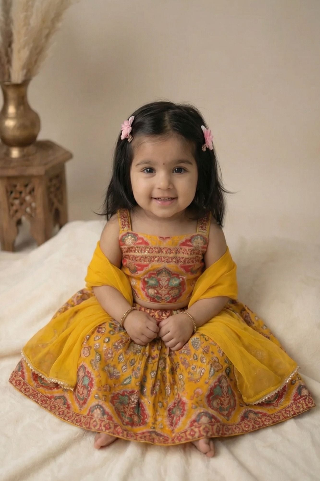 Mustard Yellow Printed Ethnic Lehenga Choli For Girls