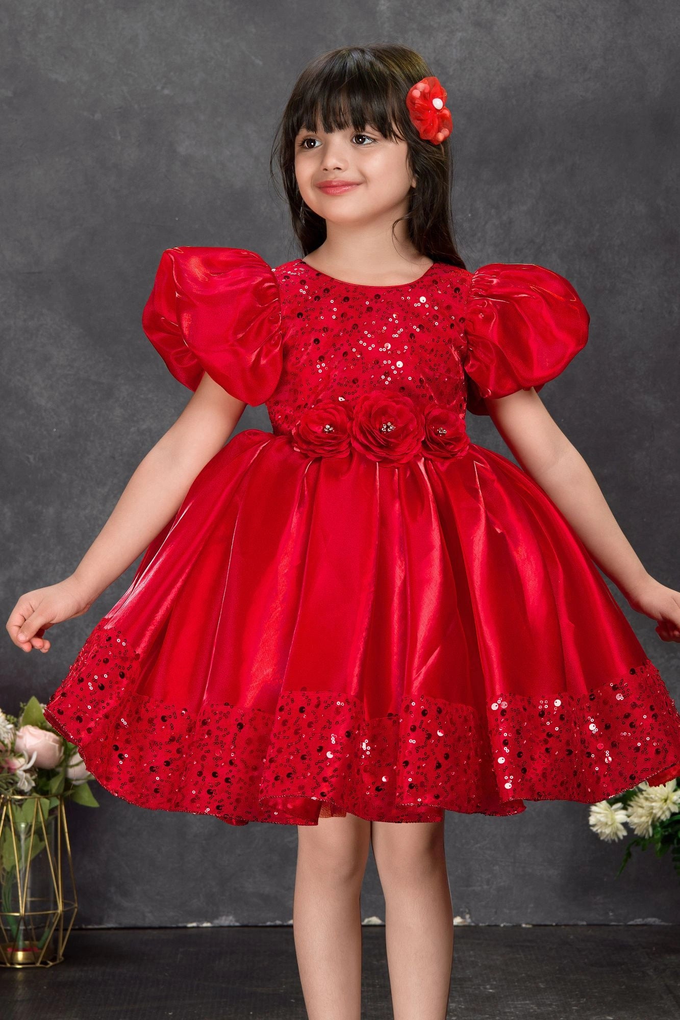 Red Sequin Party Wear Frock with Puffy Sleeves and Floral Waist Detail For Girls