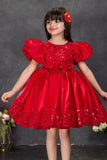 Red Sequin Party Wear Frock with Puffy Sleeves and Floral Waist Detail For Girls