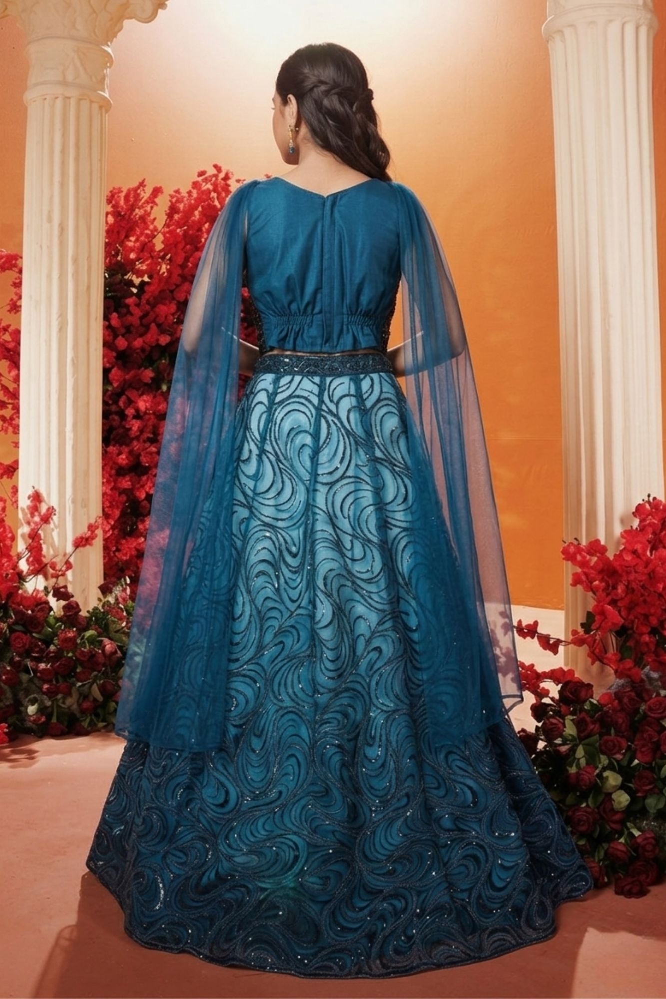 Peacock Blue Sequin Embellished Lehenga Choli Set For Girls