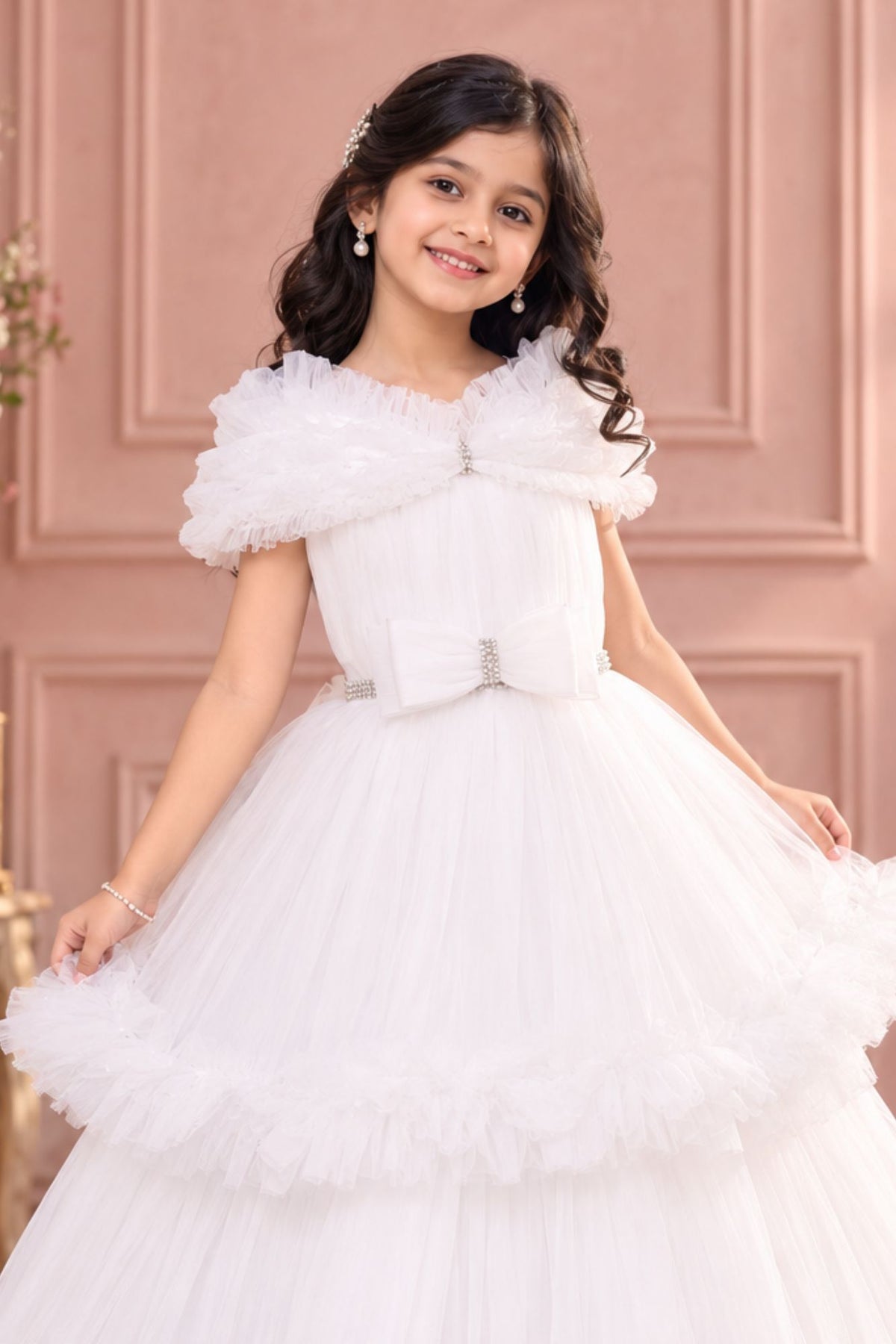 White Net Gown With Ruffled Sleeves For Girls