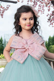 Designer Green Gown Embellished With Peach Bow - Lagorii Kids