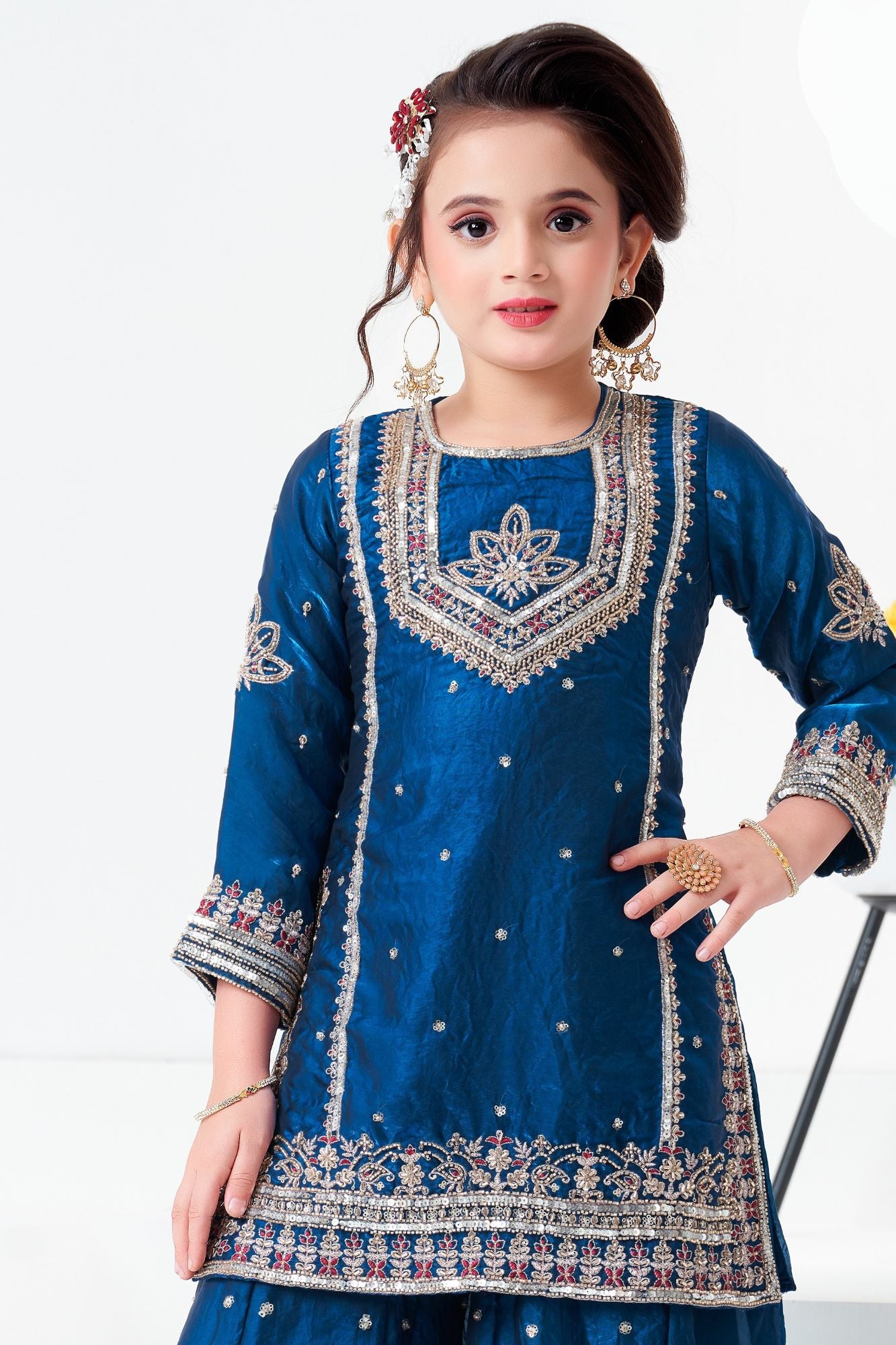 Blue Embroidered Kurti with Flared Palazzo Set For Girls