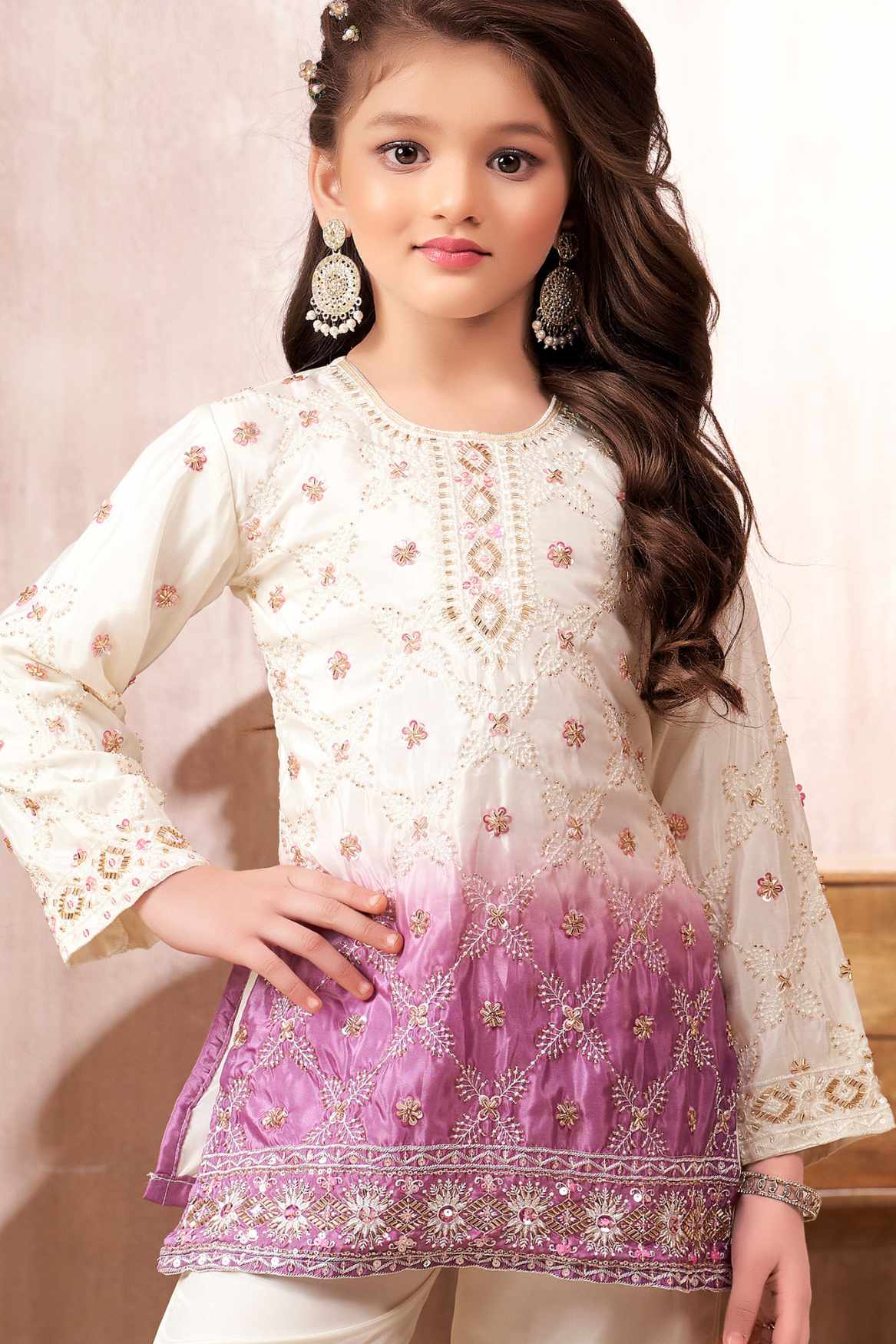 Ivory And Lavender Ombre Embroidered Kurti Sharara Set with Dupatta for Girls
