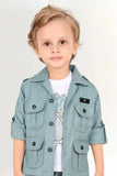 Stylish Sea Green Co-ord Set with Printed T-Shirt and Utility Jacket For Boys