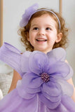 Purple Bloom Dress with Giant Flower Appliqué And Bow Detail For Girls
