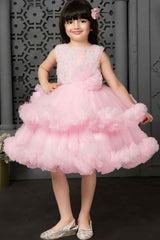 Pastel Pink Frock With Floral Embellishment For Girls