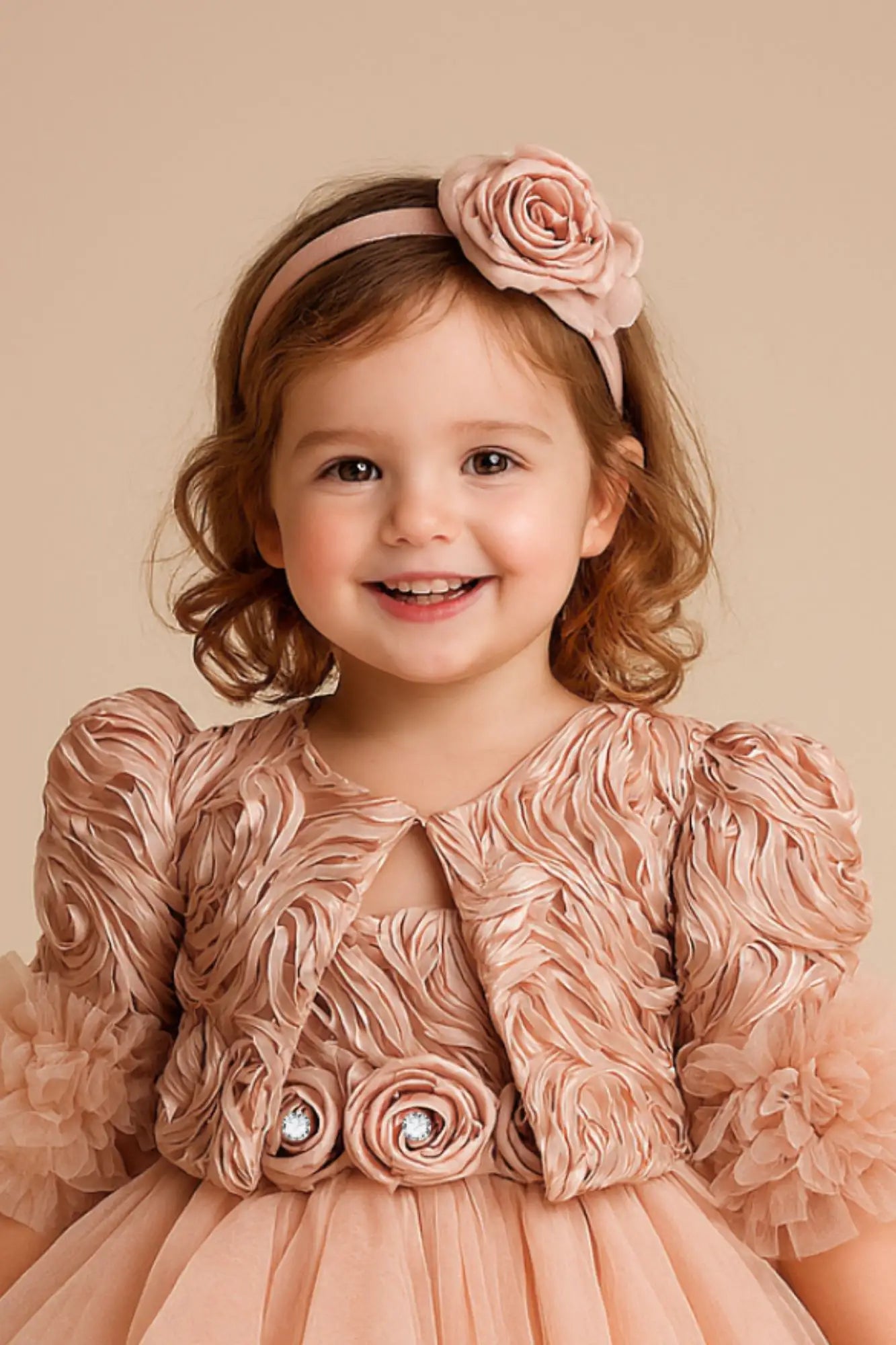 Peach Rosette Tulle Frock with Jacket For Girls