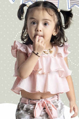 Peach Chiffon Top And Printed Skirt Set For Girls