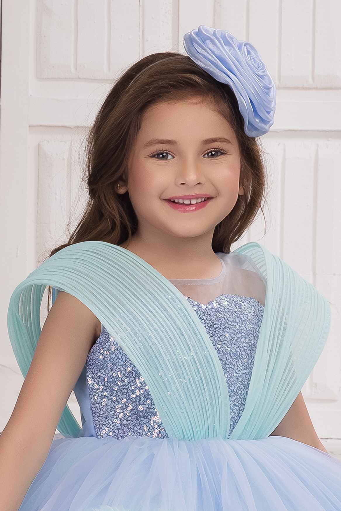Blue Ruffle Party Frock with Sequins Embellishment For Girls