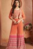 Orange Sequins Embroidered And Mirror Work Palazzo Set With Overcoat For Girls