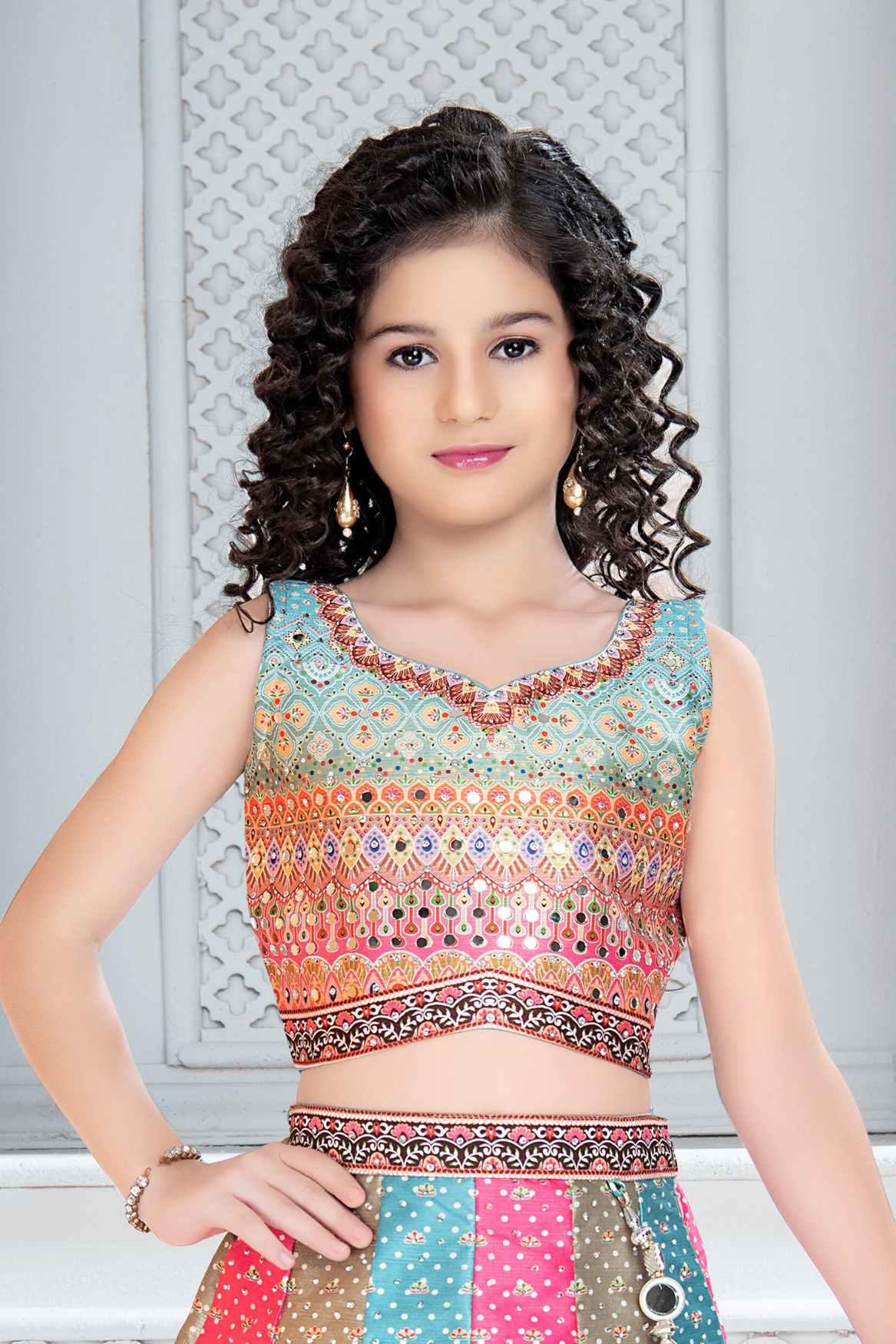 Multicolor Mirror Work Lehenga Choli Set For Girls - Lagorii Kids