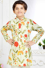 Cream Floral Printed Kurta Set For Boys