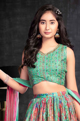 Pista Green Printed And Sequin Lehenga Choli For Girls