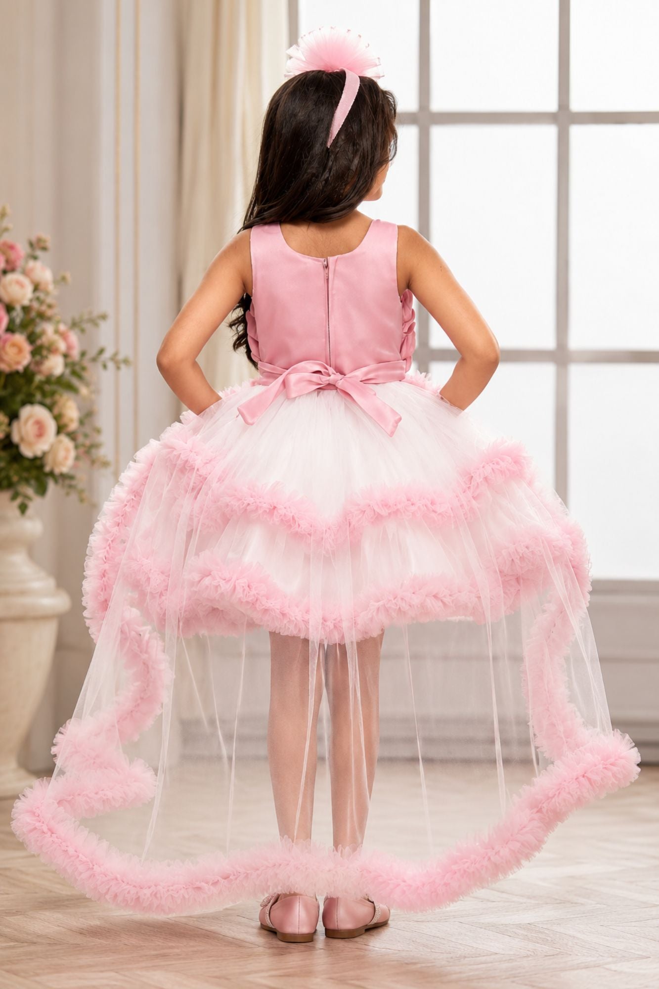 Peach High-Low Party Wear Tulle Frock with Ruffle Layers For Girls