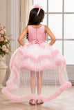 Peach High-Low Party Wear Tulle Frock with Ruffle Layers For Girls