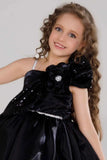 Black Party Frock With Sequin Bow And 3D Flower Detail For Girls
