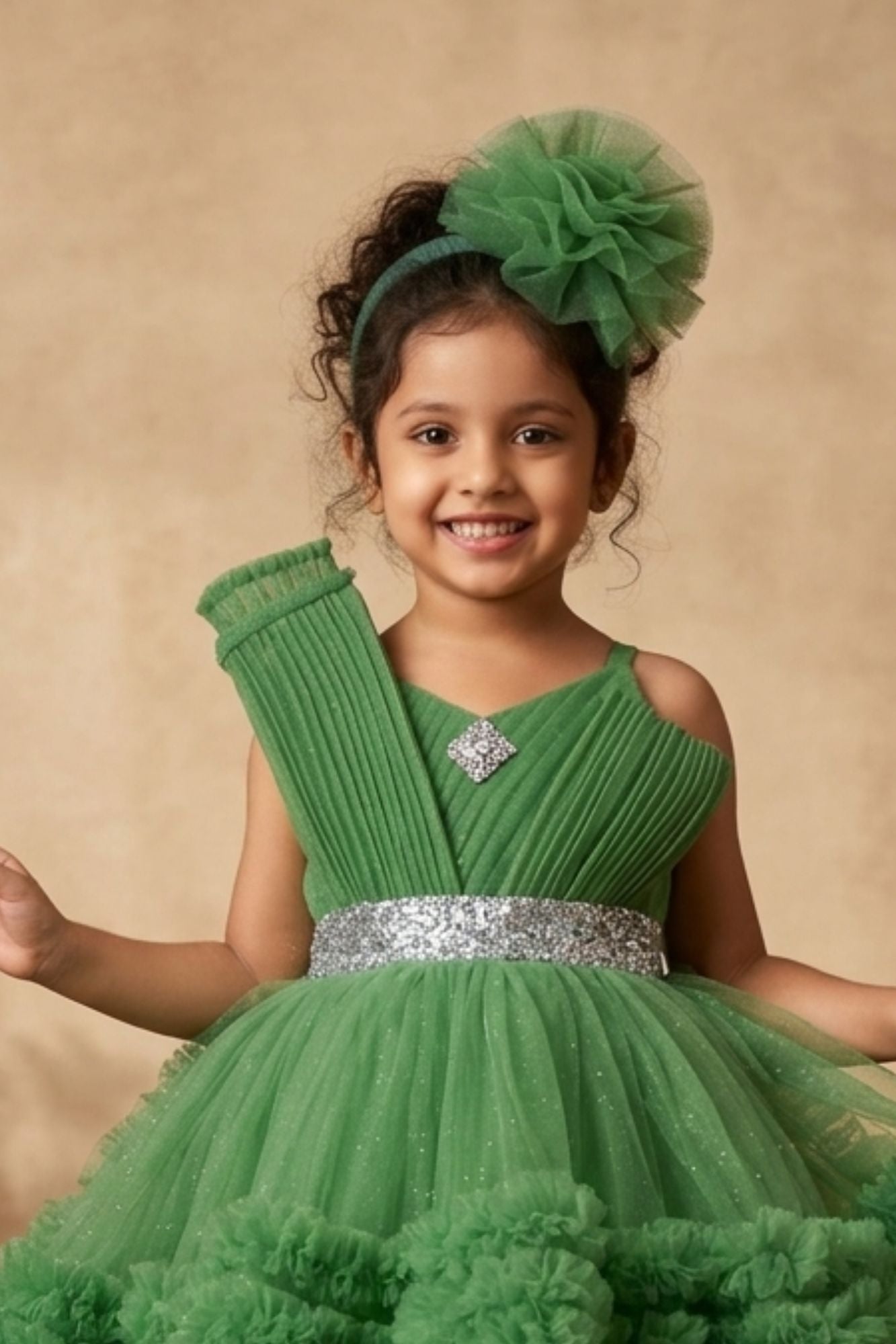 Green Ruffle Party Frock With Bow Embellishment For Girls