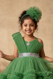 Green Ruffle Party Frock With Bow Embellishment For Girls