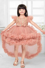 Elegant Shimmer Peach Net Tailback Ruffle Frock For Girls