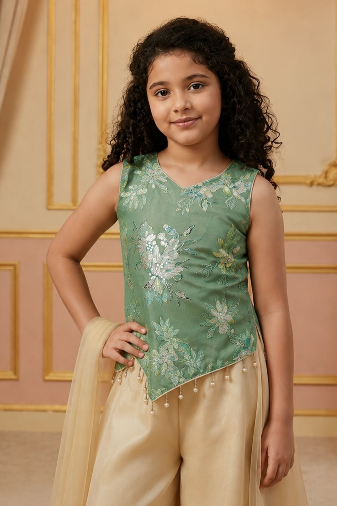Green Embroidered Top with Ivory Palazzo Set And Dupatta For Girls