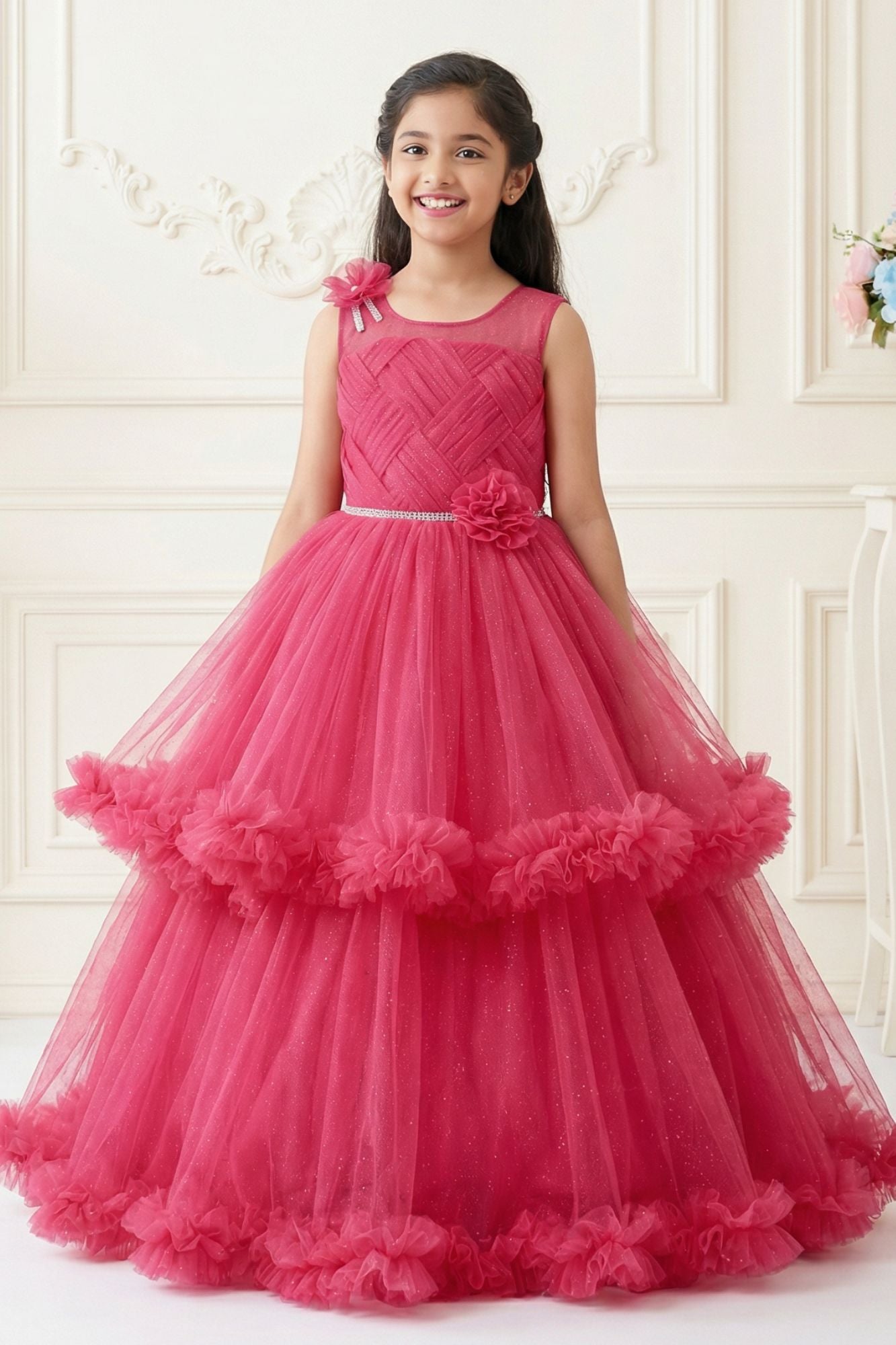 Rani Pink Layered Net Party Gown with Floral Ruffle Hem For Girls