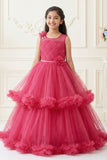 Rani Pink Layered Net Party Gown with Floral Ruffle Hem For Girls