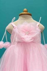 Pink Ruffle Frock With Floral Embellished For Girls