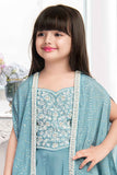 Blue Beads And Sequins Work Palazzo Set With Overcoat For Girls