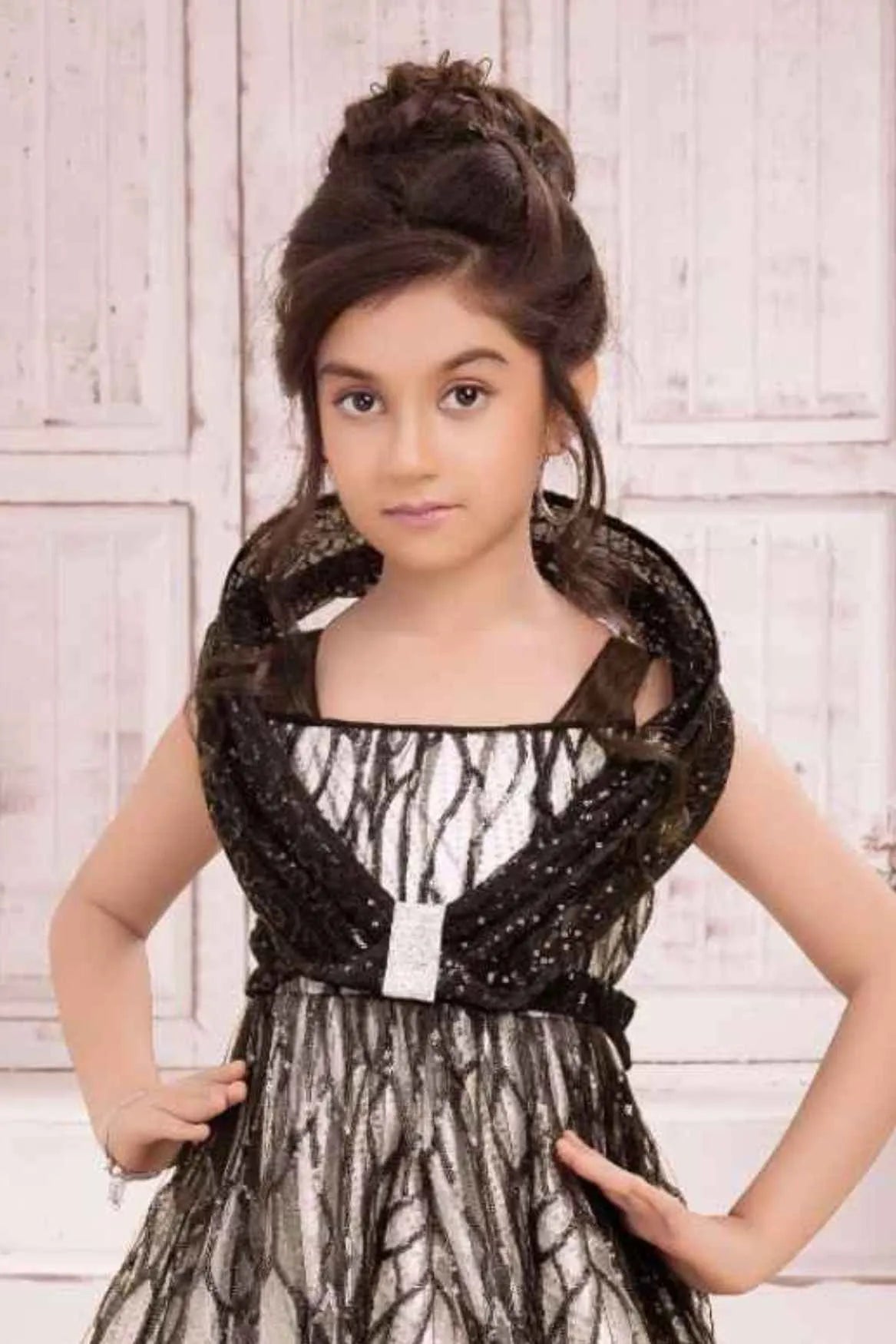 Black & Ivory Floral Appliqué Party Wear Gown with Sequin Detailing For Girls