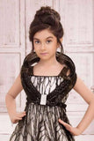Black & Ivory Floral Appliqué Party Wear Gown with Sequin Detailing For Girls