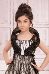 Black & Ivory Floral Appliqué Party Wear Gown with Sequin Detailing For Girls