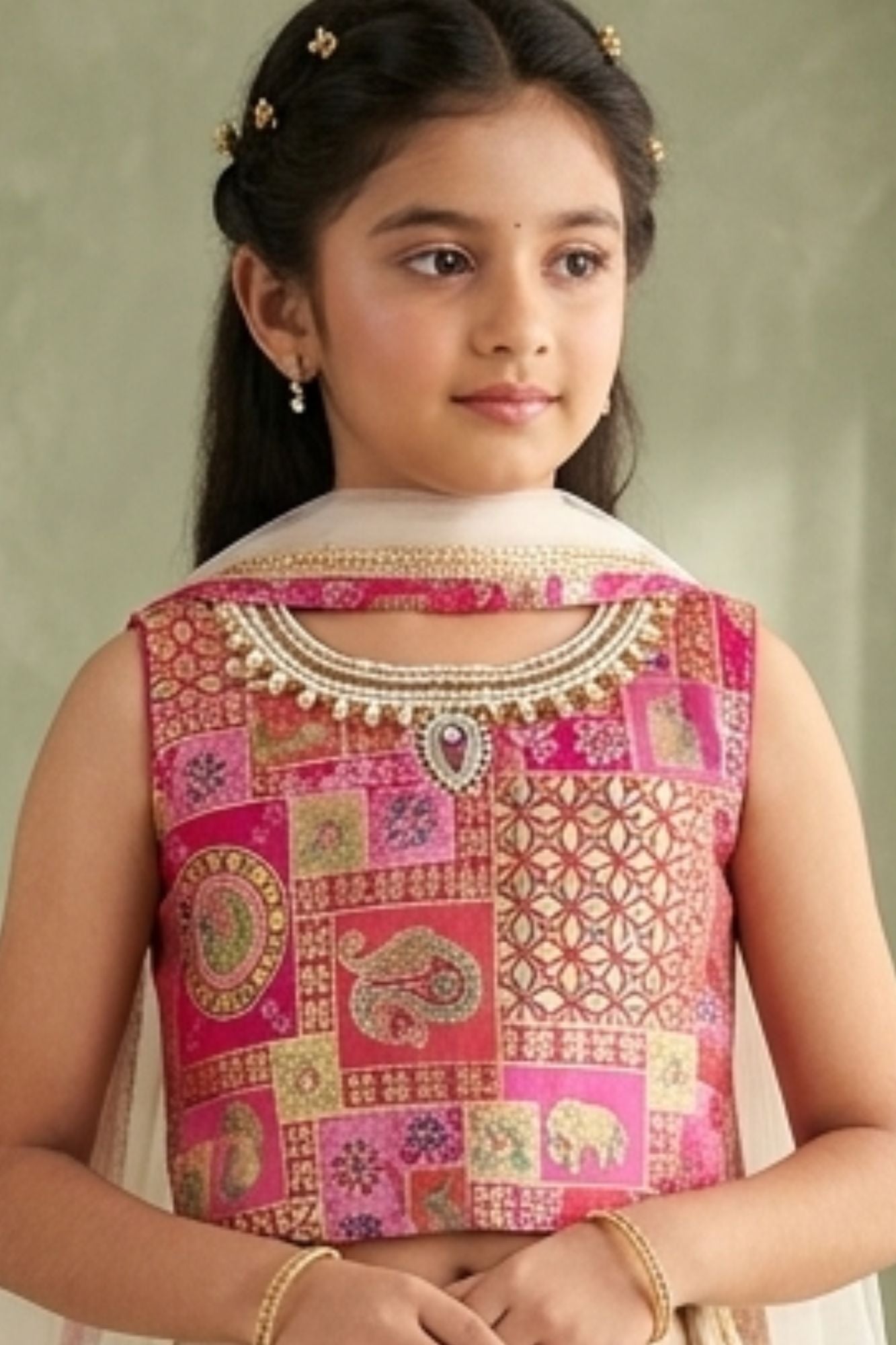 Girls Cream and Rani Pink Printed Lehenga Choli Set with Dupatta