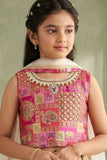 Girls Cream and Rani Pink Printed Lehenga Choli Set with Dupatta