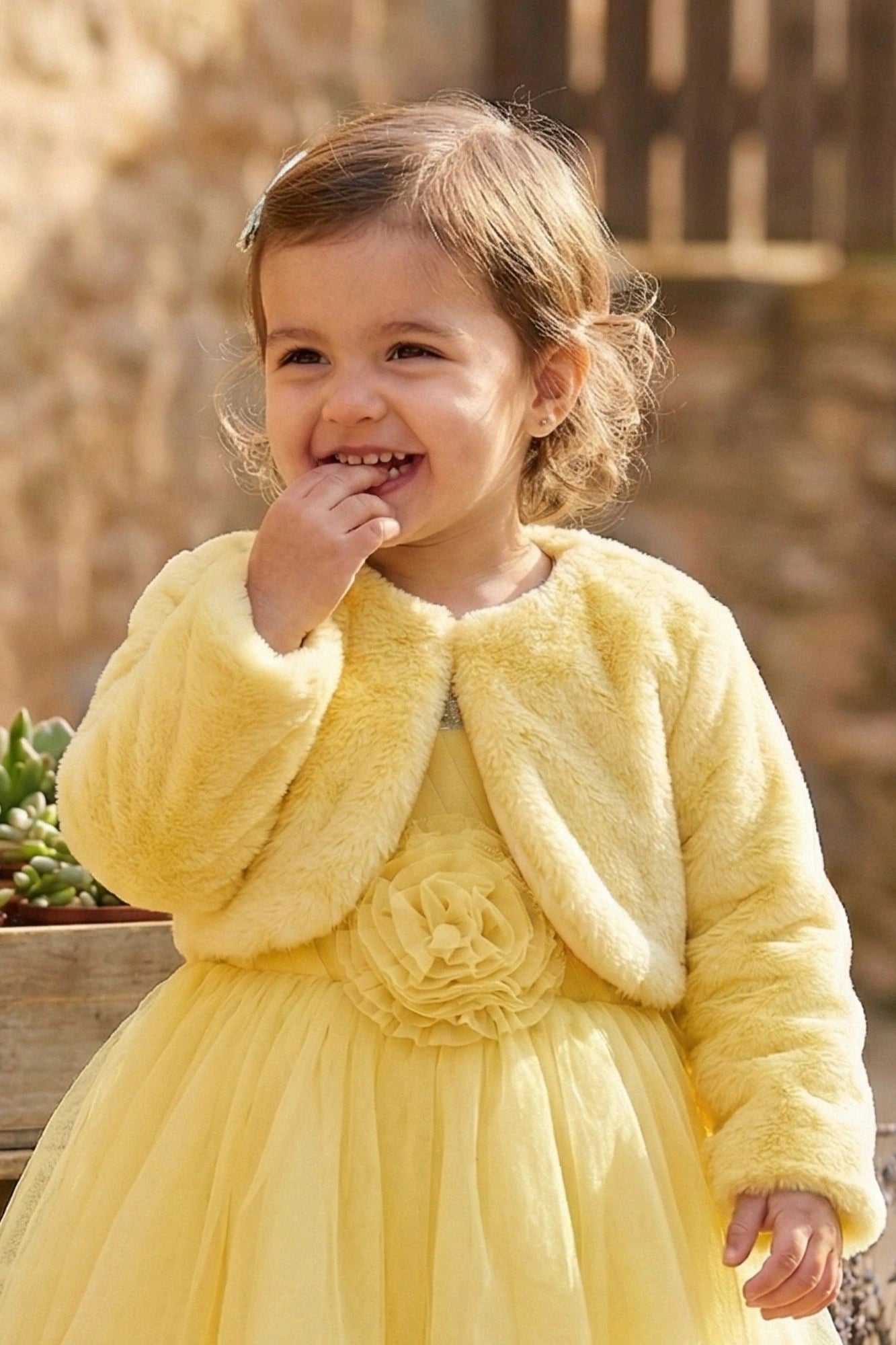 Yellow Party Wear Frock with Faux Fur Jacket For Girls