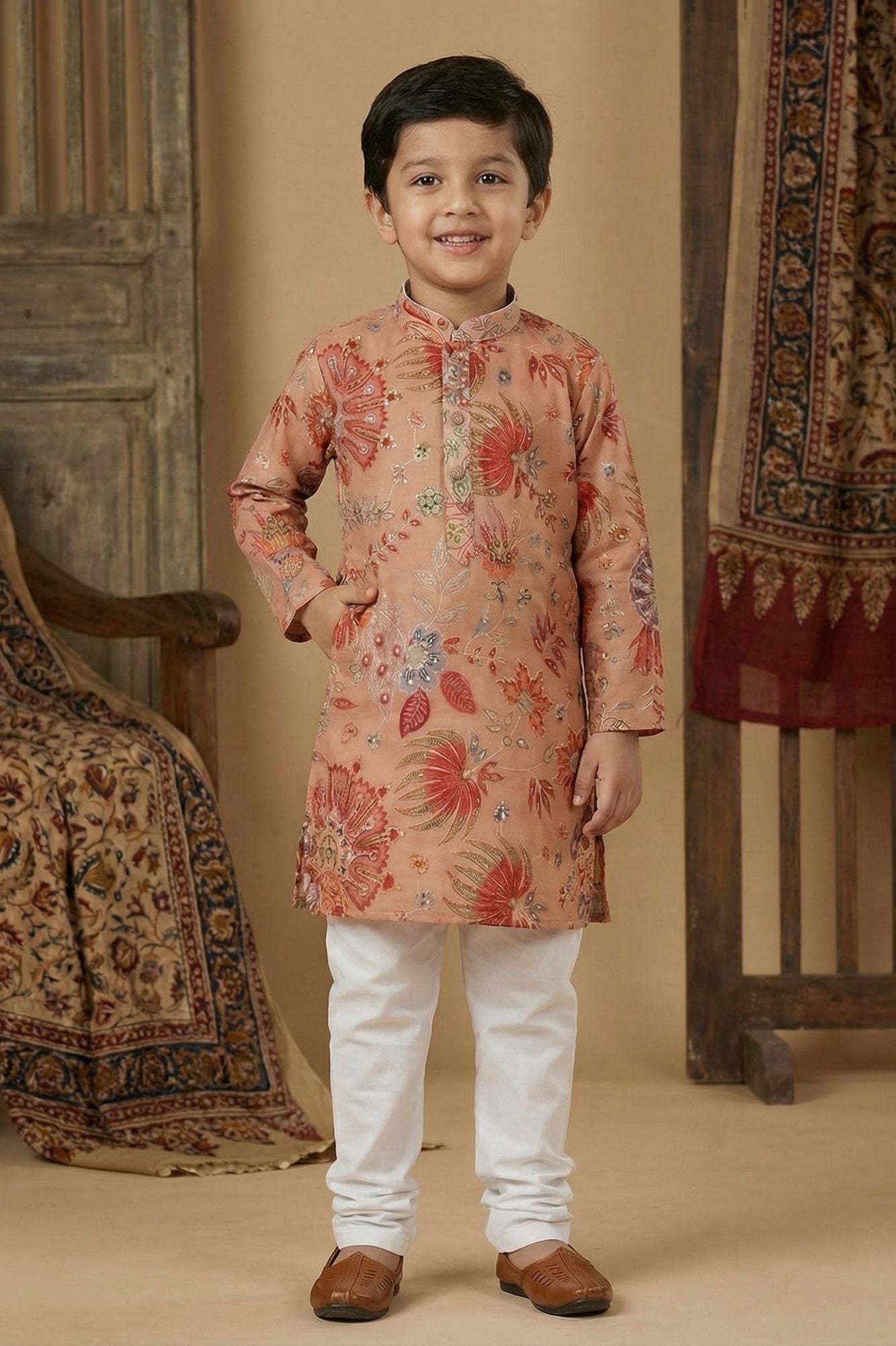 Peach Floral Printed Kurta Set With Pajama For Boys