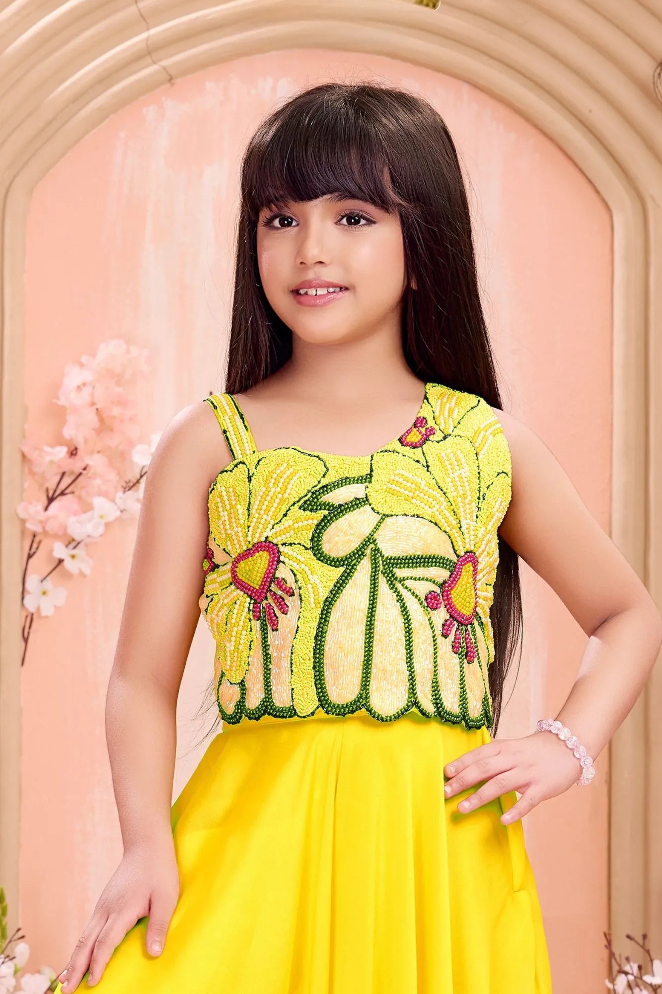 Bright Yellow Bead Embroidered Palazzo Set For Girls