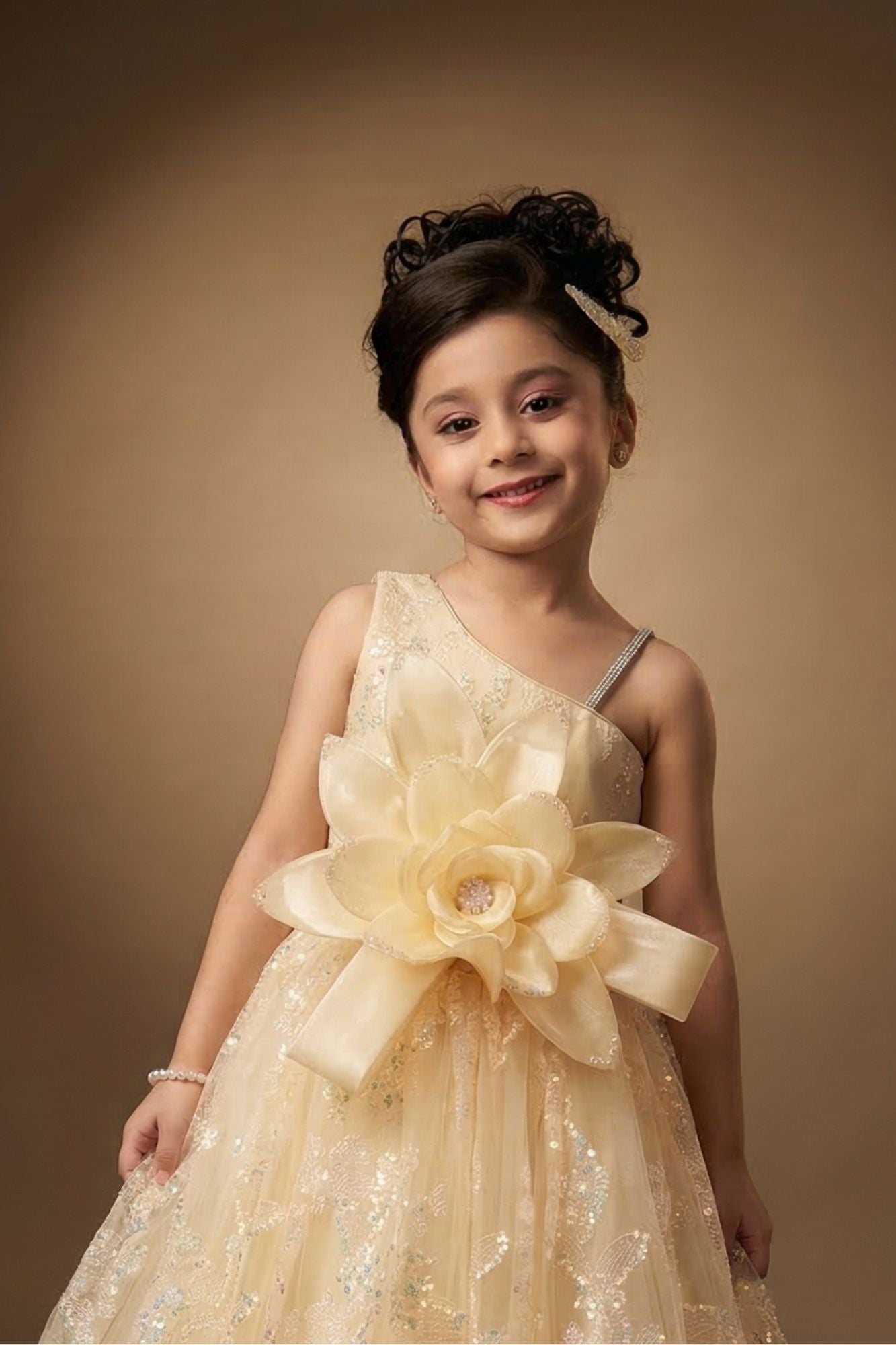 Fawn Floral Applique One-Shoulder Party Wear Gown with Big Bow For Girls