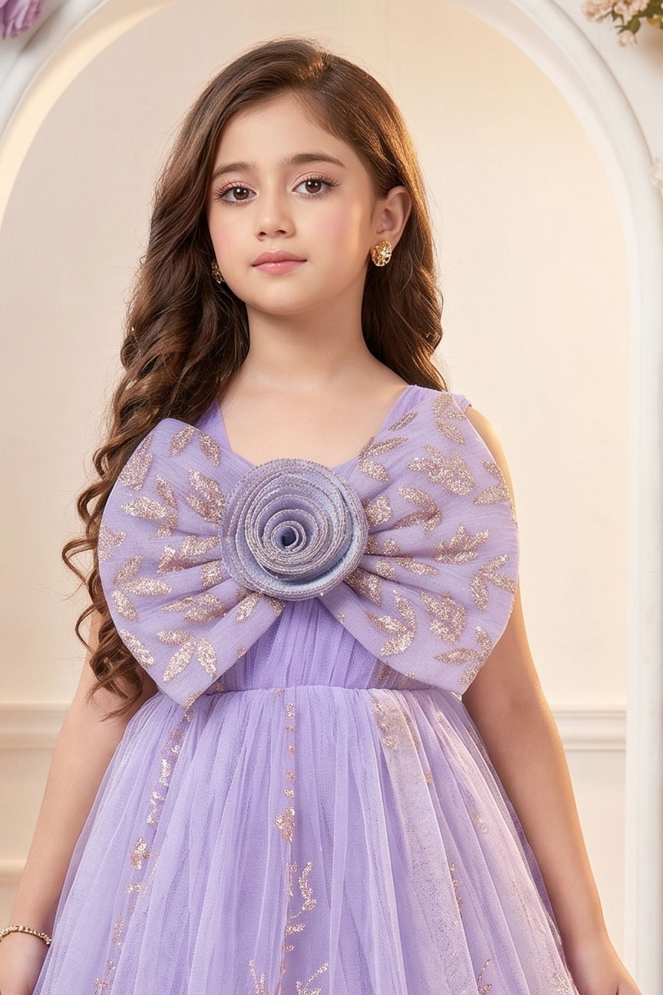 Purple Ball Gown with Oversized Rosette Bow And 3D Floral Applique For Girls