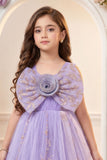 Purple Ball Gown with Oversized Rosette Bow And 3D Floral Applique For Girls
