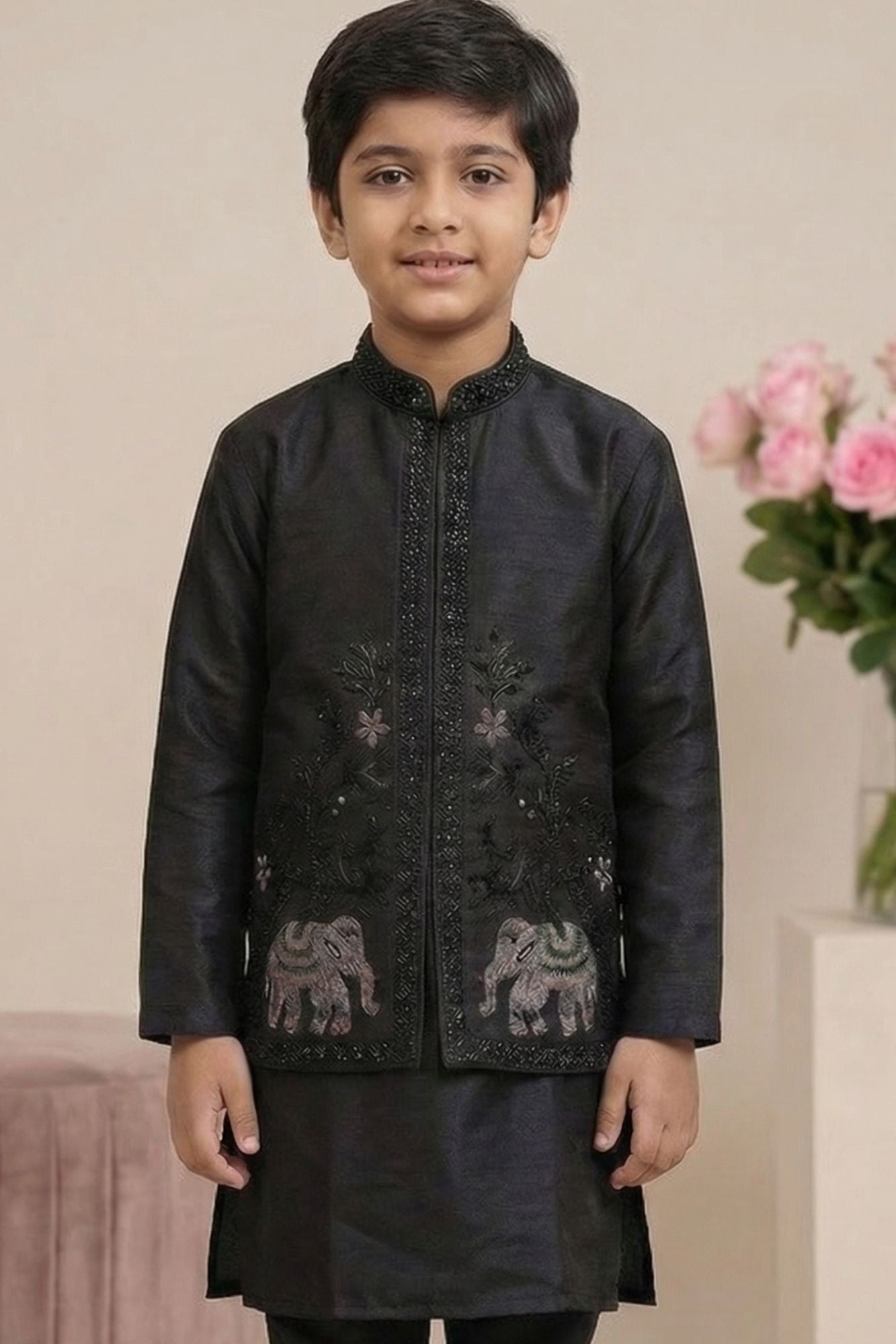 Royal Black Elephant Embroidered Jacket Kurta Set For Boys