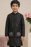 Royal Black Elephant Embroidered Jacket Kurta Set For Boys