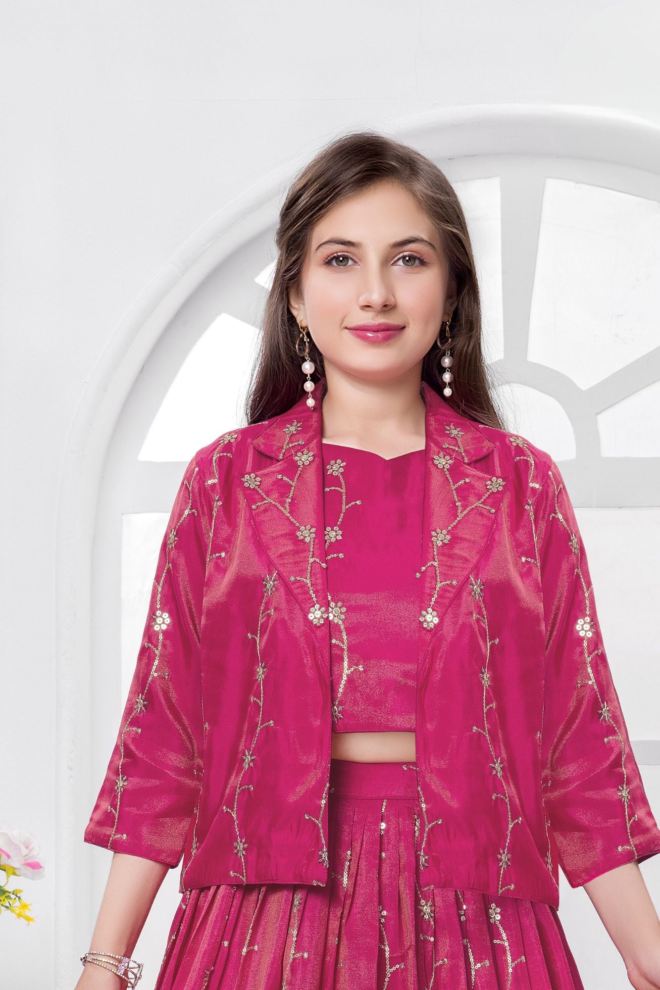 Rani Pink Embroidered Jacket Style Lehenga Choli