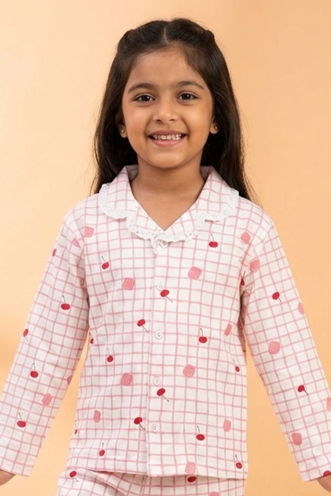 Girls Pink Checked Night Suit Set with Lace Collar