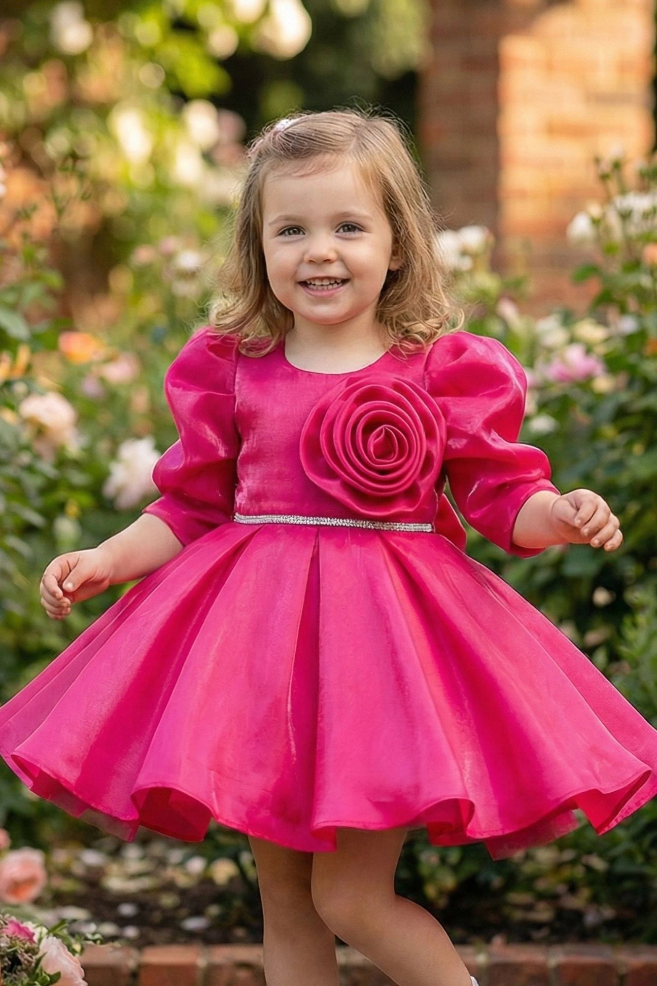 Pink Party Wear Frock with Puffy Sleeves & Statement Rose Appliqué For Girls
