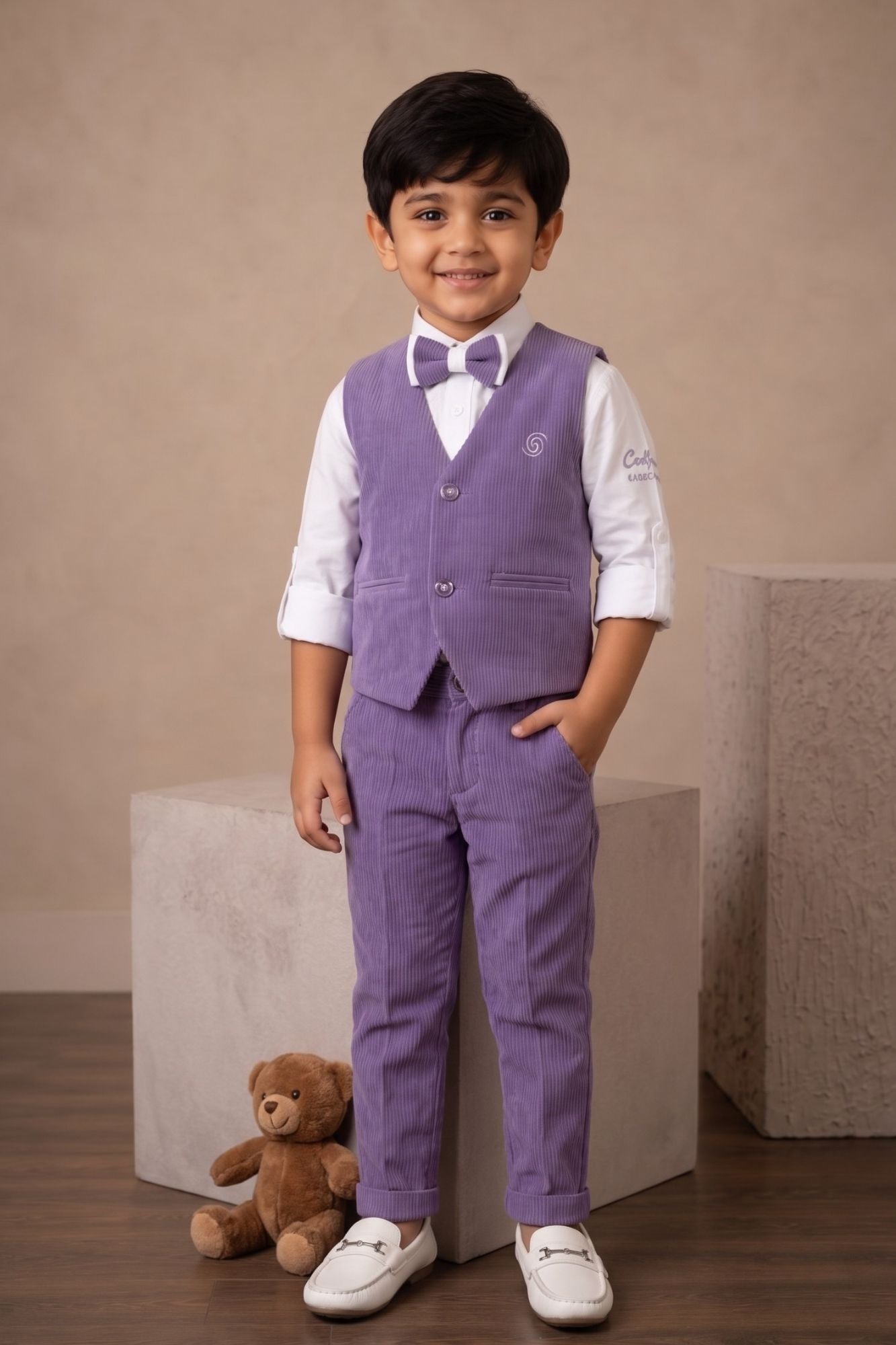 Boys  Lavender Waistcoat Suit Set with Bow Tie