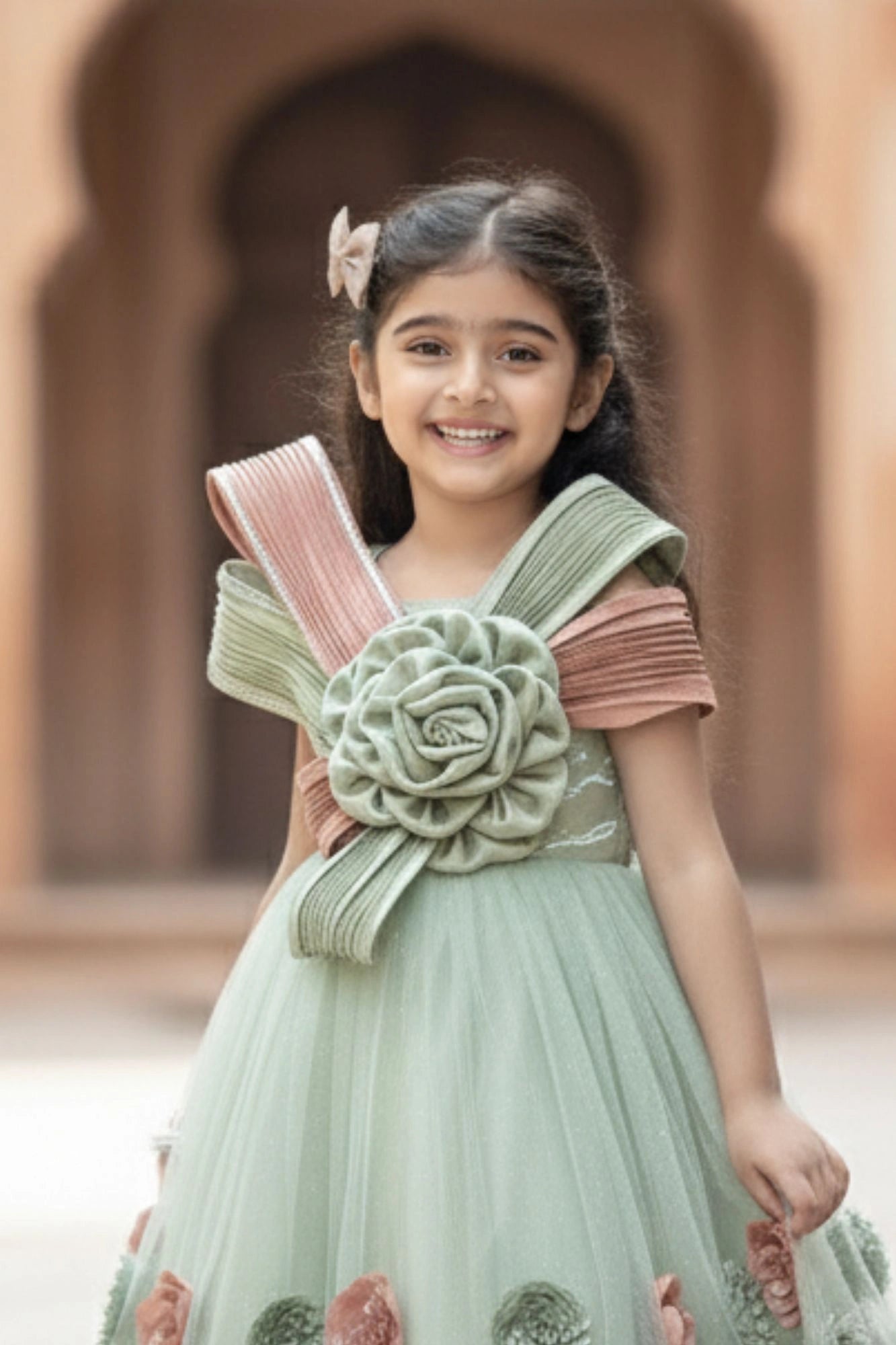 Dreamy Pastel Green & Dusty Pink 3D Floral Embellished Party Gown For Girls